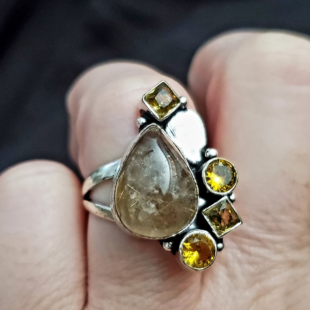 New Golden Rutilated Quartz & Citrine 925 Silver Ring.